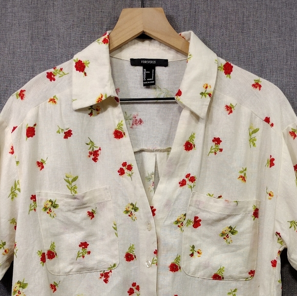 Forever 21 Linen Blend Floral Button Up Shirt Womens S White Red Cottagecore - Picture 2 of 8